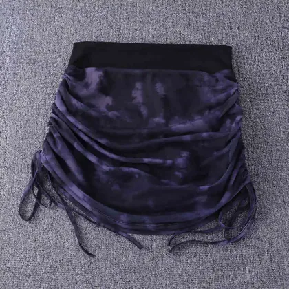 Printed Tie Dyed Mesh Yoga Short Skirt Women Anti Shining Wrap Hip Skirt High Waist Sexy Sports Half Skirt Summer