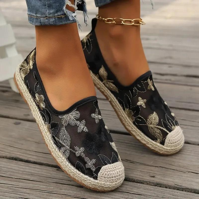 Large Size Single Shoe Women's 2024 Summer New Lace Mesh Hollowed Out Women's Flat Bottomed Fisherman's Shoes flat shoes women
