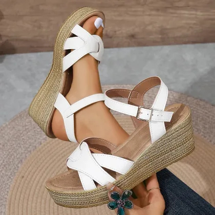 Lucyever Chunky Platform White Sandals Wome Summer Pu Leather Wedge Heels Sandalias Woman Ankle Straps Thick Sole Sandles Mujer