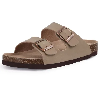 Crestar Women Cork Footbed Slippers Summer Couple Adjustable Double Buckles Flat Sandals Outdoor Cork Beach Slides With Open Toe
