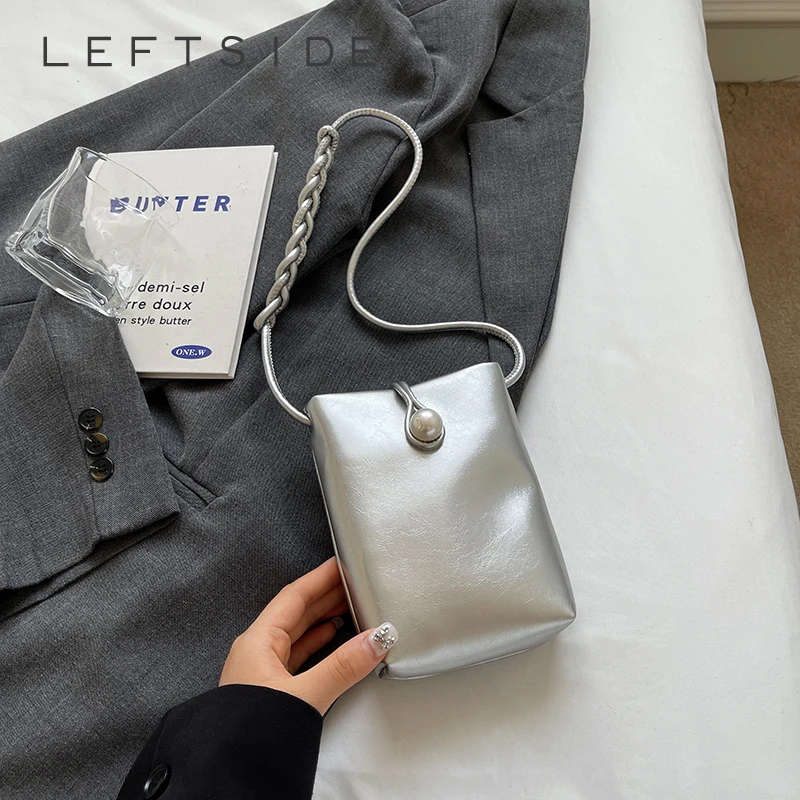 LEFTSIDE Mini PU Leather Crossbody Bags for Women 2025 Summer New Simple Shoulder Bag Females Cute Silver Handbags and Purses
