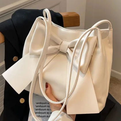 Fashionable Large Capacity Bow Knot Shoulder Bag Cute Kawaii Bow Decor Water Bucket Bag Lightweight Casual Handbag