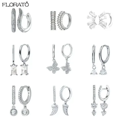 925 Sterling Silver Needle Fashion Geometric Pendant Hoop Earrings for Women White Zircon Earrings 2023 Trend Puncture Jewelry