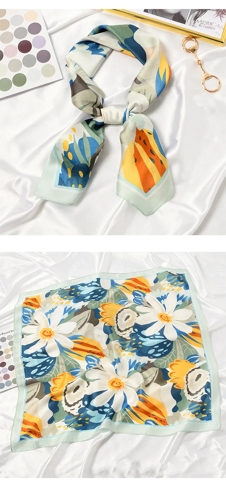 2021 Blooming Flowers Print Square Scarf Women Bandana Hairband Lady Head Wraps Female Shawl Fashion Neckerchief - Image 5