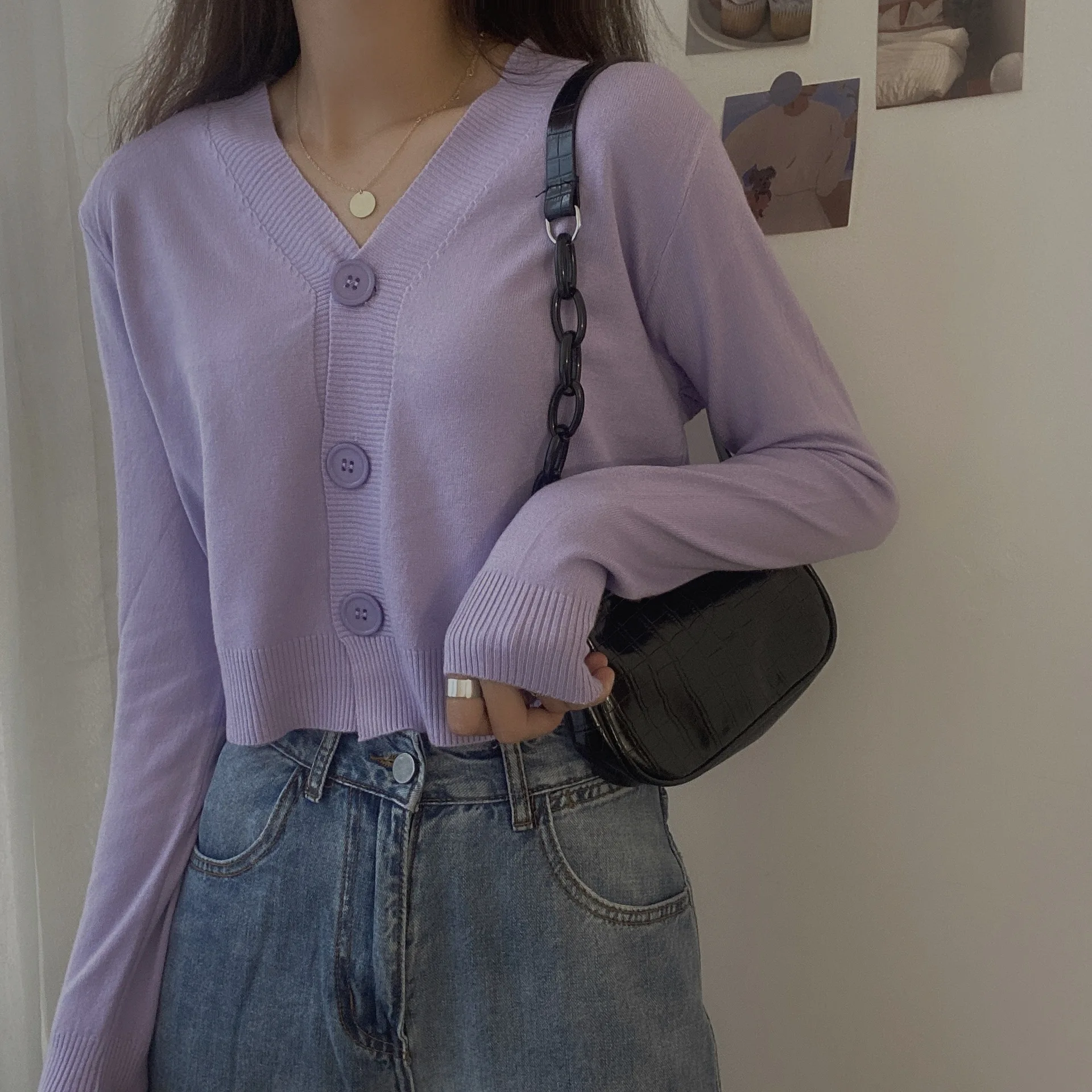 ladies button V-neck pullover sweater women's fall winter outer solid color cardigan long-sleeved short knitted tops - Image 4
