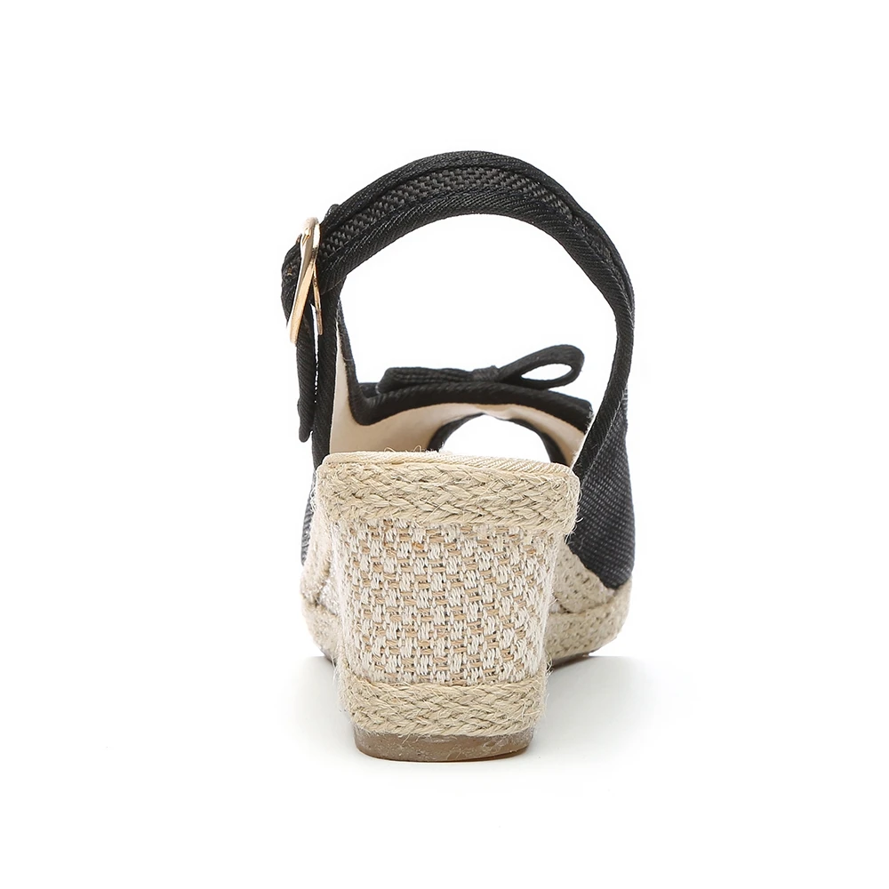 Veowalk Handmade Women Bowtie Peep Toe Linen Espadrilles Slingbacks Sandals 6cm Wedge Heel Ladies Plain Summer Platform Shoes - Image 5