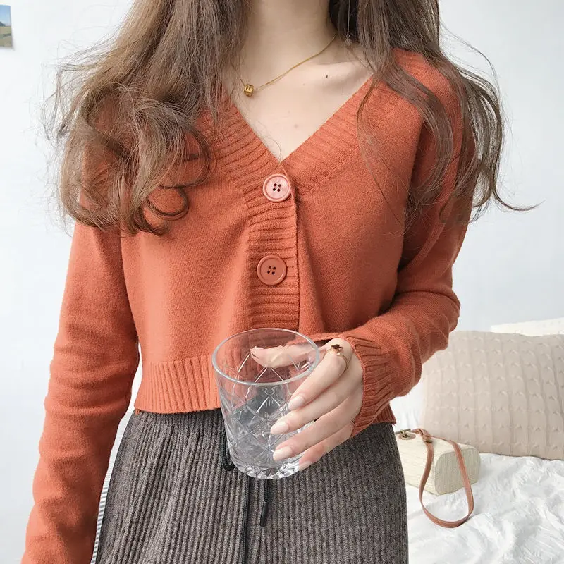 Knitted Cropped Cardigan Women Korean Short Sweater Long sleeve Crop Top V neck Fashion Y2k Clothes Green Blue - Image 2