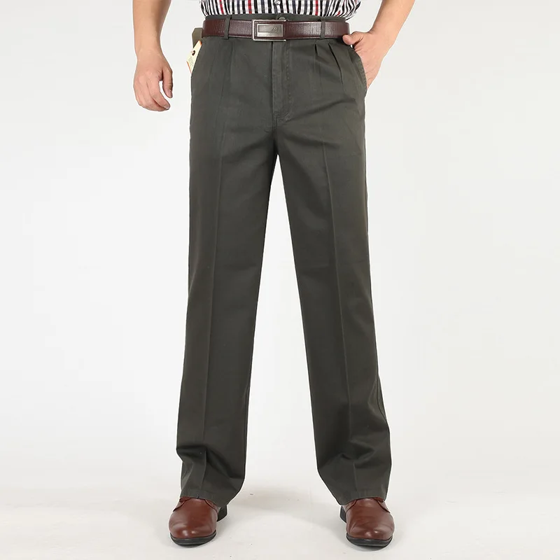 Men's Casual Trousers Men Pants Male Brand Solid Color High Waist Loose Pure Cotton Double Pleat Wrinkle Pant YGSHA65 - Image 2