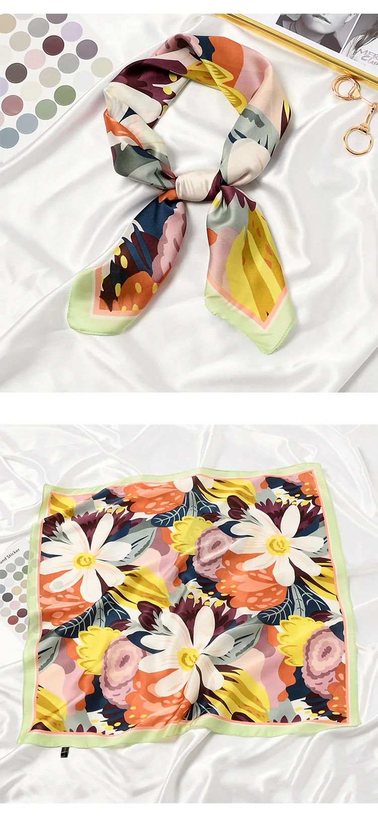 2021 Blooming Flowers Print Square Scarf Women Bandana Hairband Lady Head Wraps Female Shawl Fashion Neckerchief - Image 6