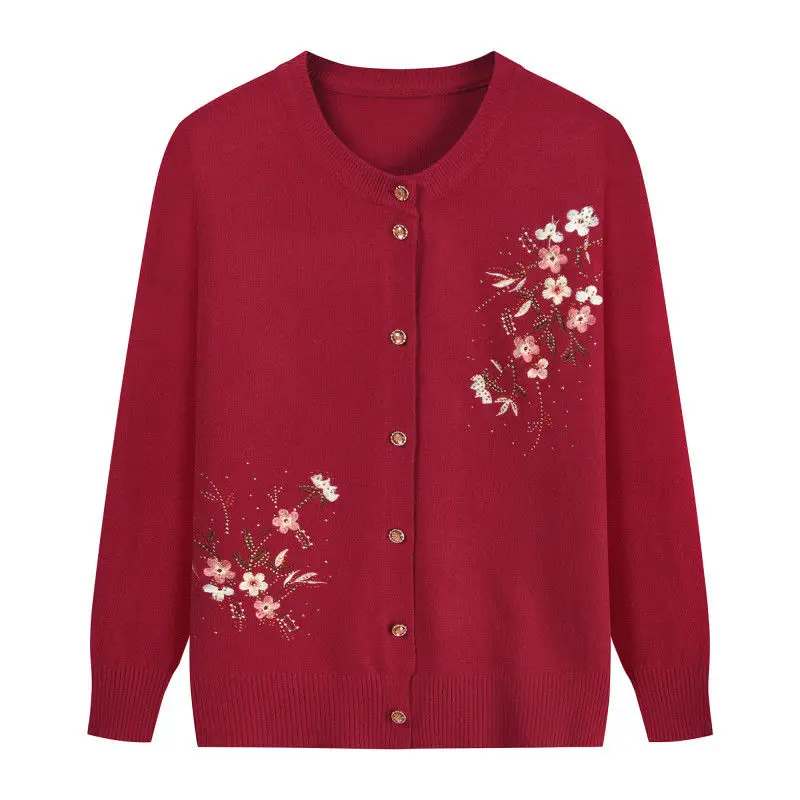 Spring Autumn Thin Knit Cardigan Jackets Grandma Embroidered Long Sleeve Sweater Outerwear Plus Size Short All-match Women's Top - Image 4