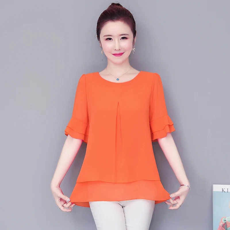 Women Blouses Solid 2020 Summer New Short- Sleeve V-Neck Lace up Shirt Female Chiffon Womens Plus Size Tops Slim Clothing NS4544 - Image 4