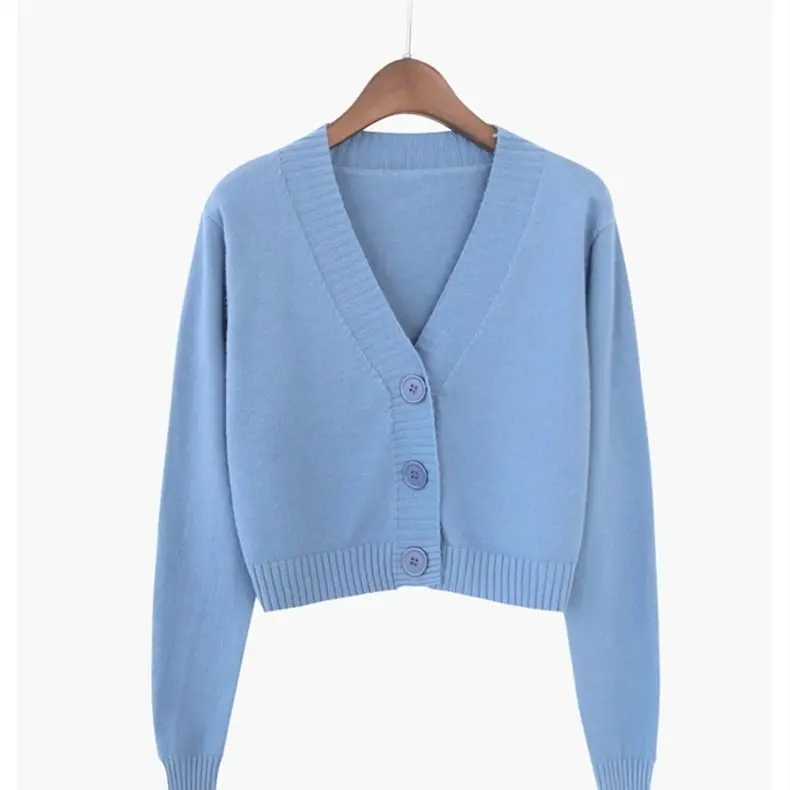 Knitted Cropped Cardigan Women Korean Short Sweater Long sleeve Crop Top V neck Fashion Y2k Clothes Green Blue - Image 5