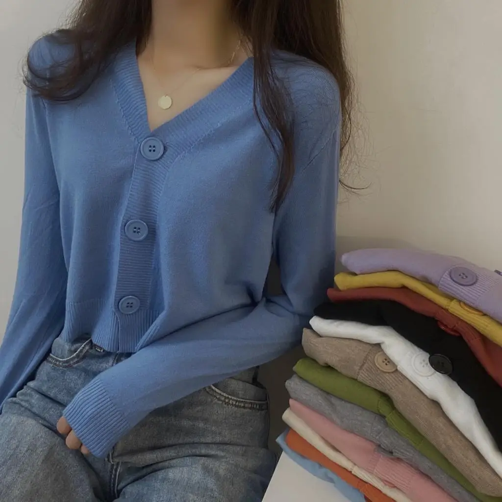 ladies button V-neck pullover sweater women's fall winter outer solid color cardigan long-sleeved short knitted tops - Image 5