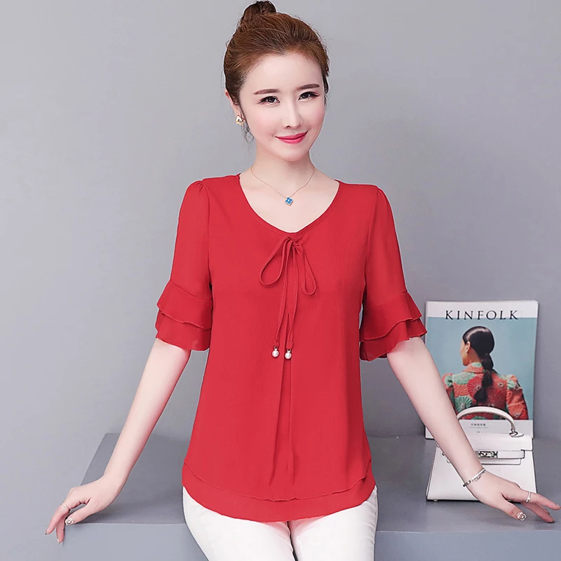 Women Blouses Solid 2020 Summer New Short- Sleeve V-Neck Lace up Shirt Female Chiffon Womens Plus Size Tops Slim Clothing NS4544 - Image 5