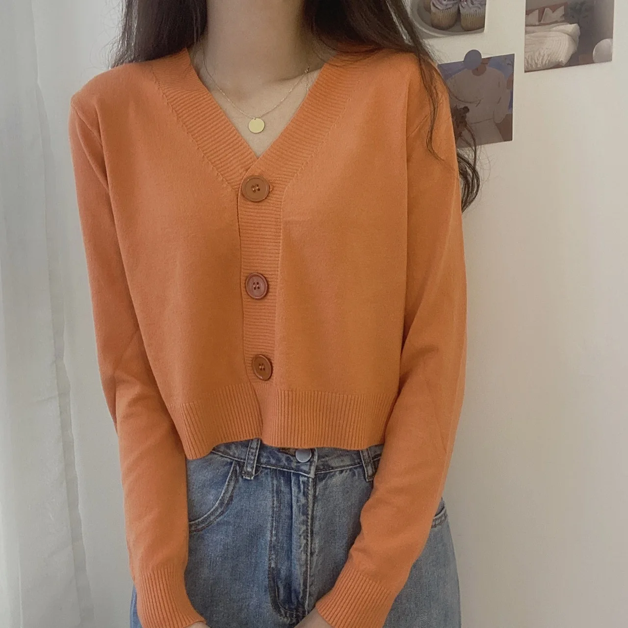 ladies button V-neck pullover sweater women's fall winter outer solid color cardigan long-sleeved short knitted tops - Image 3