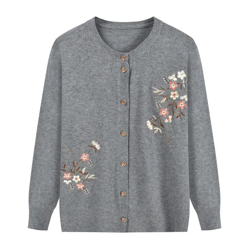 Spring Autumn Thin Knit Cardigan Jackets Grandma Embroidered Long Sleeve Sweater Outerwear Plus Size Short All-match Women's Top - Image 3