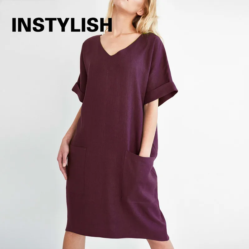 Women Casual Short Sleeve V Neck Cotton Linen Loose Dress Vintage Solid Pockets Oversized Dress Elegant Beach Holiday Mini Dress - Image 3