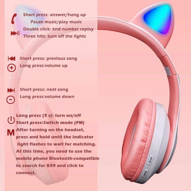 Pink Cute Cat Ears Wireless Headphone Bluetooth-compatible Headset Stereo Foldable Earphone with Microphone Music Kid Girl Gift - Image 5