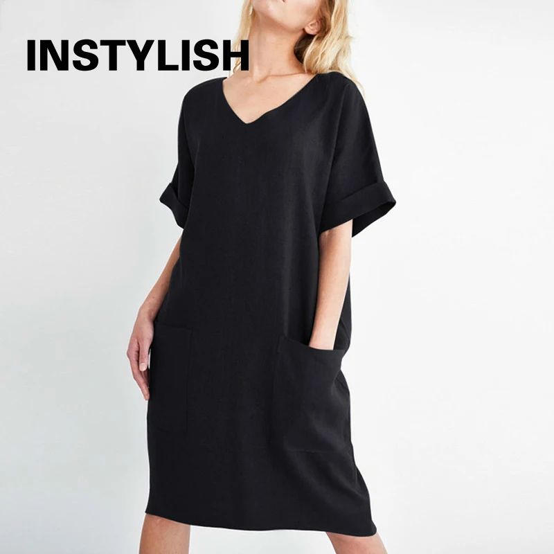 Women Casual Short Sleeve V Neck Cotton Linen Loose Dress Vintage Solid Pockets Oversized Dress Elegant Beach Holiday Mini Dress - Image 2
