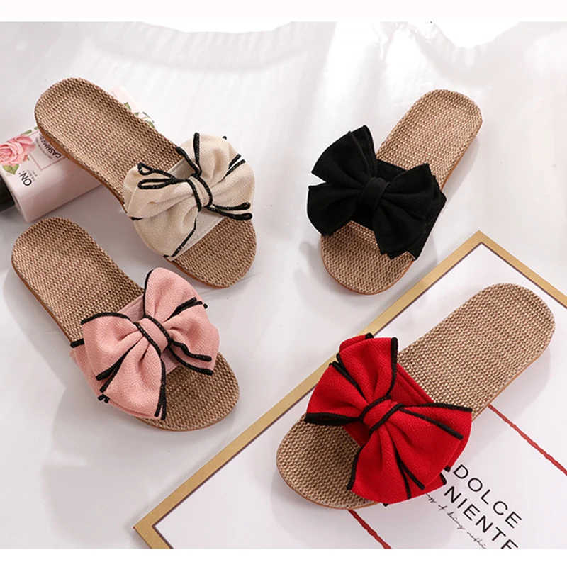 Mntrerm 2024 New Casual Sneakers For Home Slippers Summer Bow-knot Soft Floor Woman Indoor Flats Shoes Cute Linen Slipper Terlik - Image 3