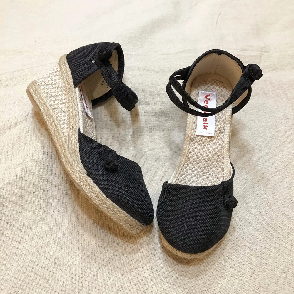 Veowalk Vintage Women Sandals Casual Linen Canvas Wedge Sandials Summer Ankle Strap 6cm Med Heel Platform Pump Espadrilles Shoes - Image 3