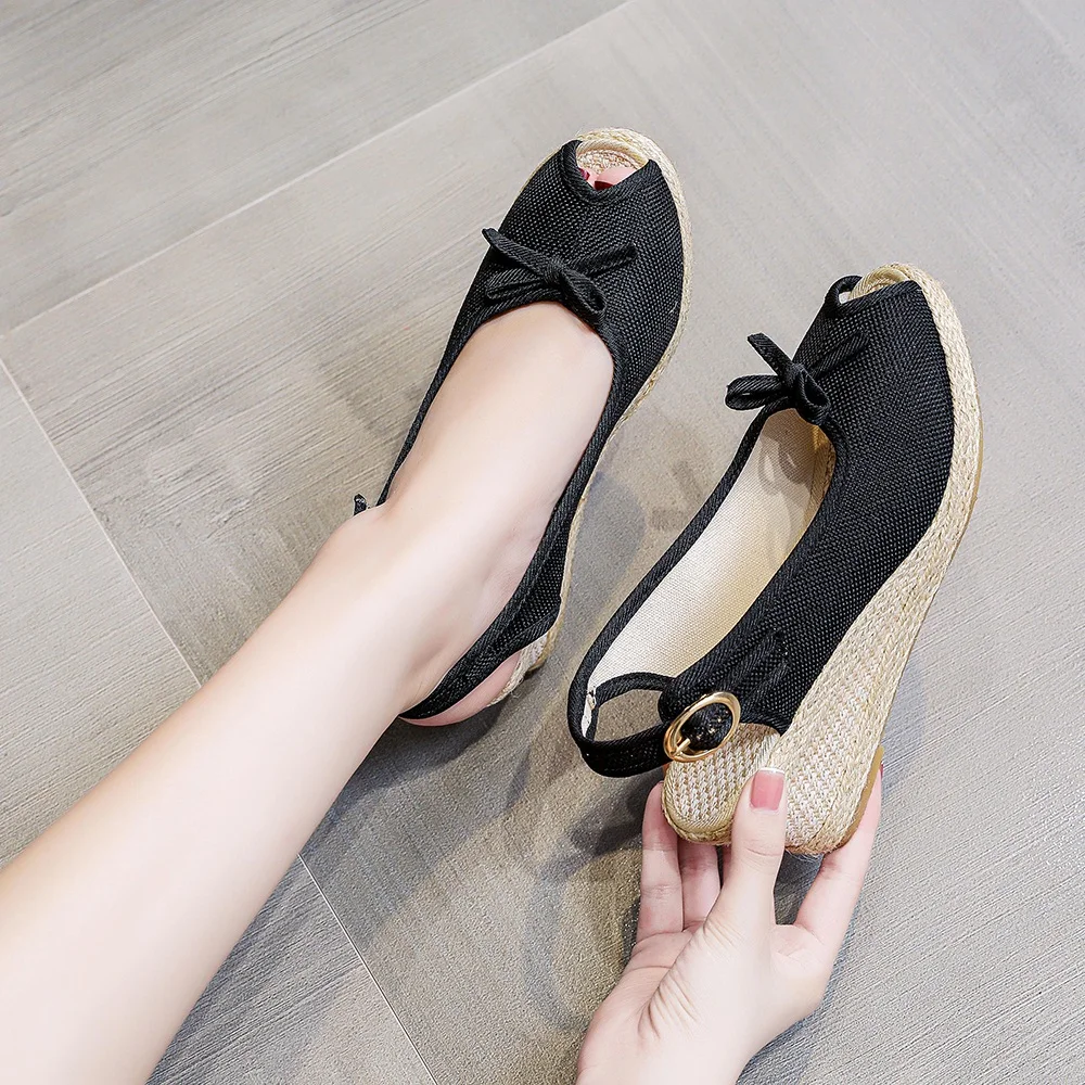 Veowalk Handmade Women Bowtie Peep Toe Linen Espadrilles Slingbacks Sandals 6cm Wedge Heel Ladies Plain Summer Platform Shoes - Image 3