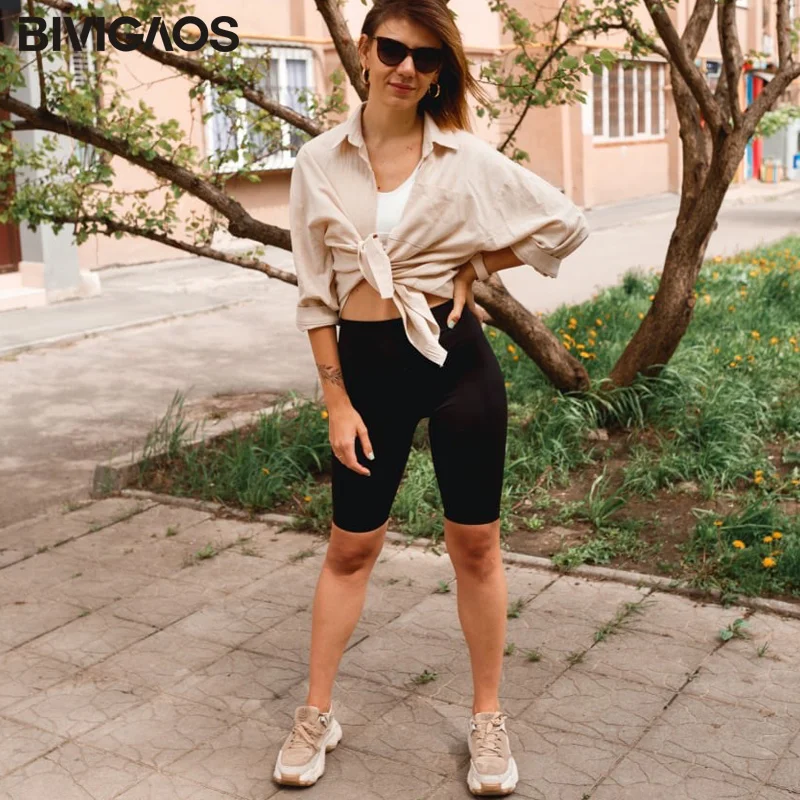 BIVIGAOS Spring Summer Elastic Sharkskin Knee Short Biker Shorts Women's High Waist Sexy bodybuilding Sport Shorts Black Gray - Image 5