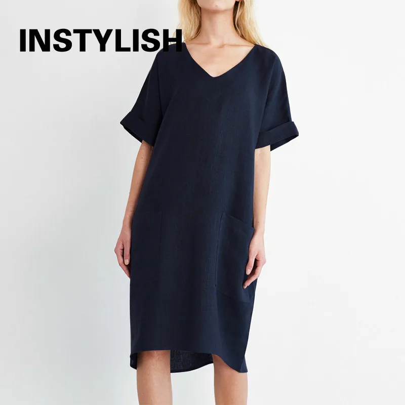 Women Casual Short Sleeve V Neck Cotton Linen Loose Dress Vintage Solid Pockets Oversized Dress Elegant Beach Holiday Mini Dress - Image 4