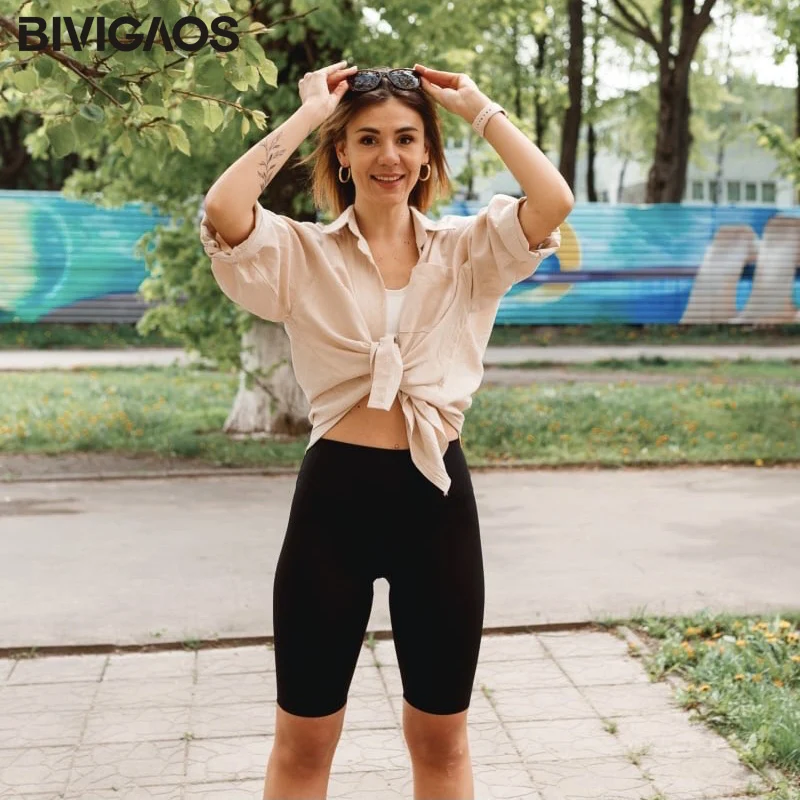 BIVIGAOS Spring Summer Elastic Sharkskin Knee Short Biker Shorts Women's High Waist Sexy bodybuilding Sport Shorts Black Gray - Image 4