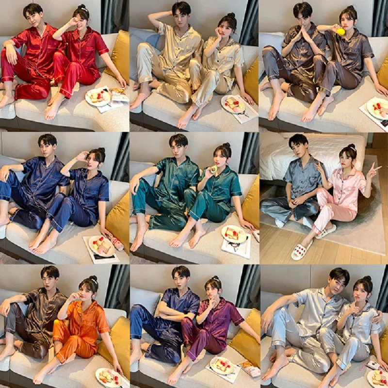 Spring Silk Satin Pajamas Couple Set Summer Short Sleeve Button-Down Sleepwear Women Men Solid Color Loungewear Plus Size Pj Set - Image 6