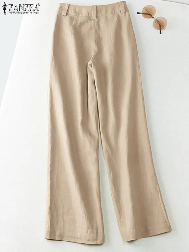 ZANZEA 2025 Spring Summer Fashion Women Pants Cotton Linen Long Trousers Wide Leg Plain Holiday Casual Pants Streetwear Bottoms - Image 3