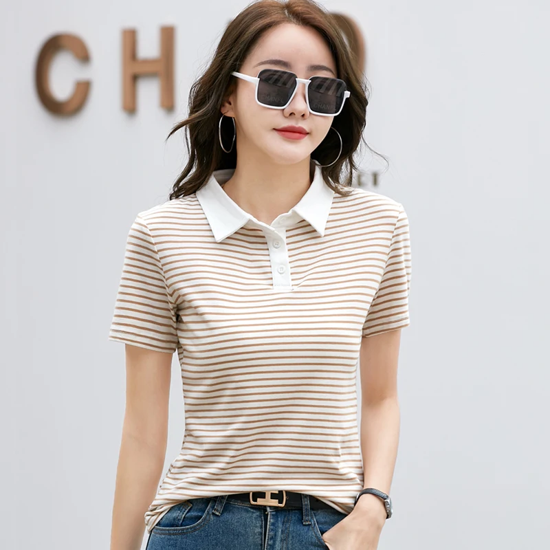 Korean Style Short Sleeve Polo Shirt Women Cotton Stretch Fashion Summer Tops Elegant Knitted Striped T-shirt For Women - Image 2