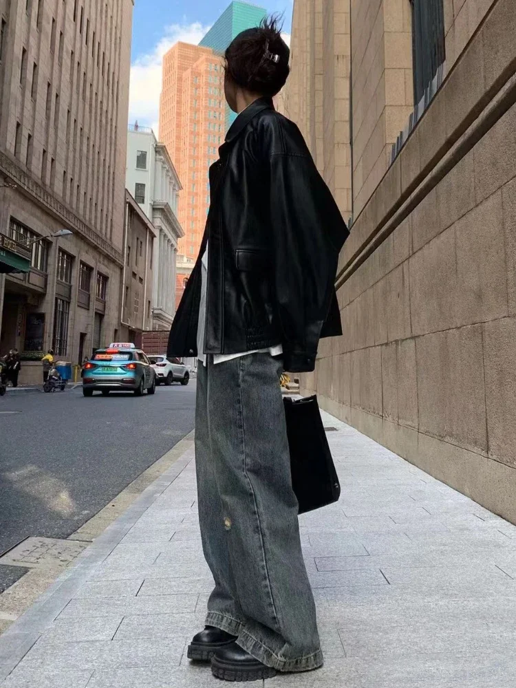 Vintage PU Leather Jacket Women High Street Techwear Oversized Moto Biker Coats BF Punk Loose Casual Cropped Outerwear - Image 6