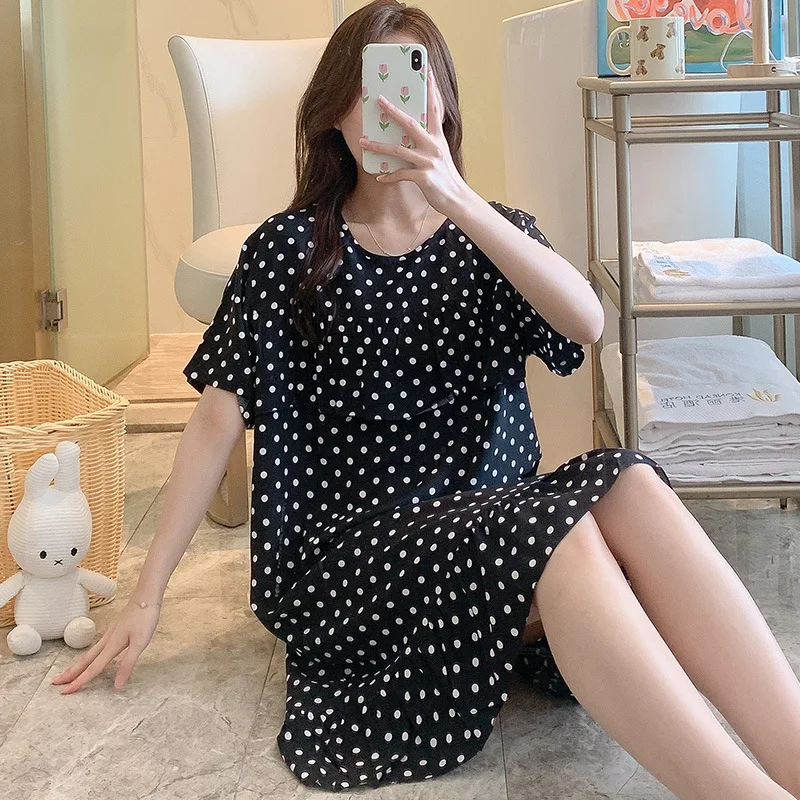 Sexy Nightwear Women Icy Floral Pattern Women Pajamas Dress Butterfly Print Student Sleepwear O- Neck Lace Mid-Length Nightgown - Image 3