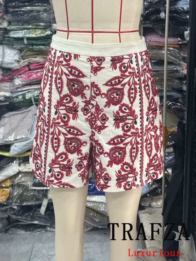 TRAFZA Vintage Casual Chic Women Shorts Embroidery Paisley Zipper Loose Shorts New Fashion 2024 Autmn Streetwear Shorts - Image 6