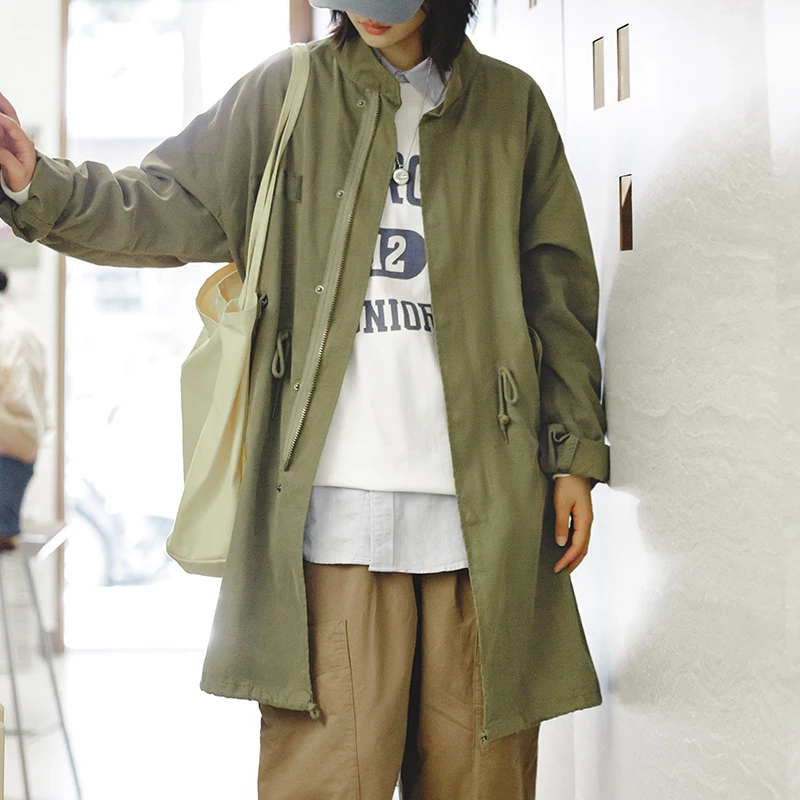 Maden M65 Green Parka Jacket for Women Mid-length Solid-color Coat Loose Fall and Winter Season Stand-up Collar Trench Jacket - Image 3