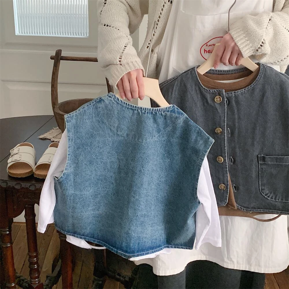 2024 Spring New Kids solid color denim waistcoats Boys and girls vintage all-match outerwear Tops Vest - Image 4