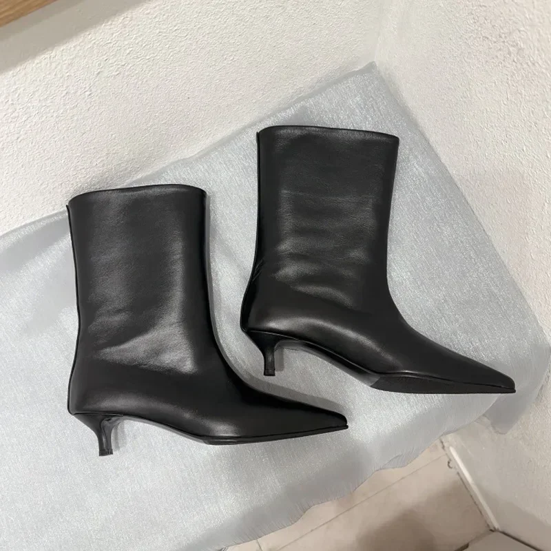 SEXY Black Pointed Toe Cat Heel Mid Calf Boots for Women Soft Leather PU Design Low Heel Wide Mouth French Style Ankle Boots - Image 5