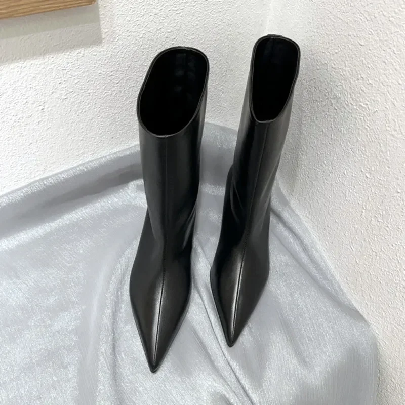 SEXY Black Pointed Toe Cat Heel Mid Calf Boots for Women Soft Leather PU Design Low Heel Wide Mouth French Style Ankle Boots - Image 3