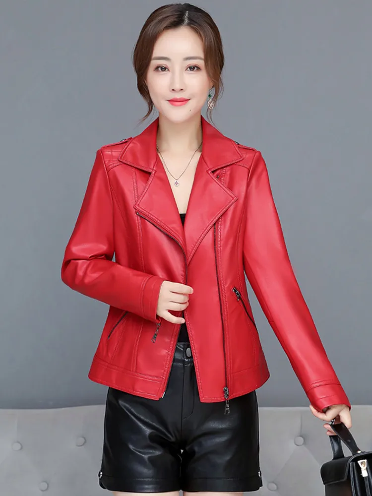 M-6XL Women Split Leather Jacket Spring Autumn New Fashion Casual Tops Outerwear Turn-down Collar Zipper Slim Short Coat Female - Image 5