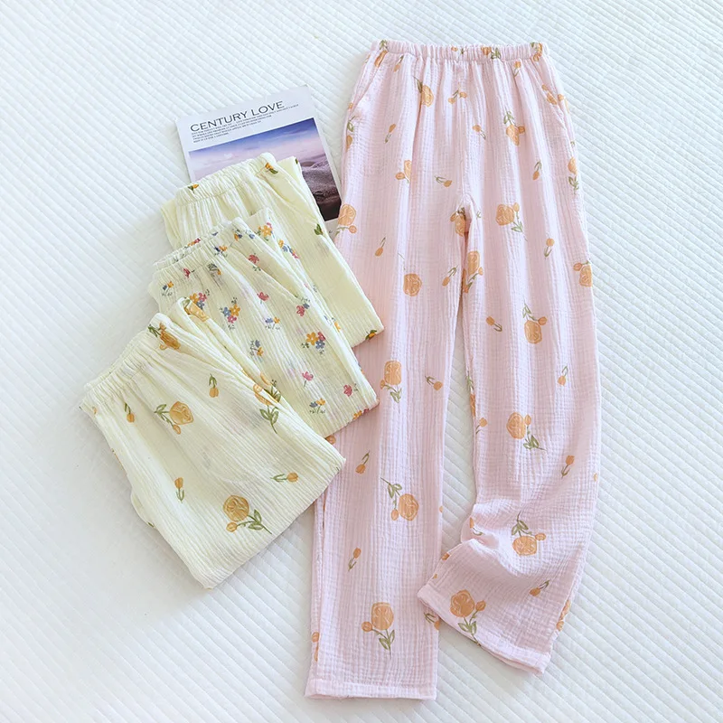 Spring And Summer New Trousers Women's Cute Flowers Thin Section 100%Cotton Crepe Casual Pants Loose Home Pants Women Bottoms - Image 3