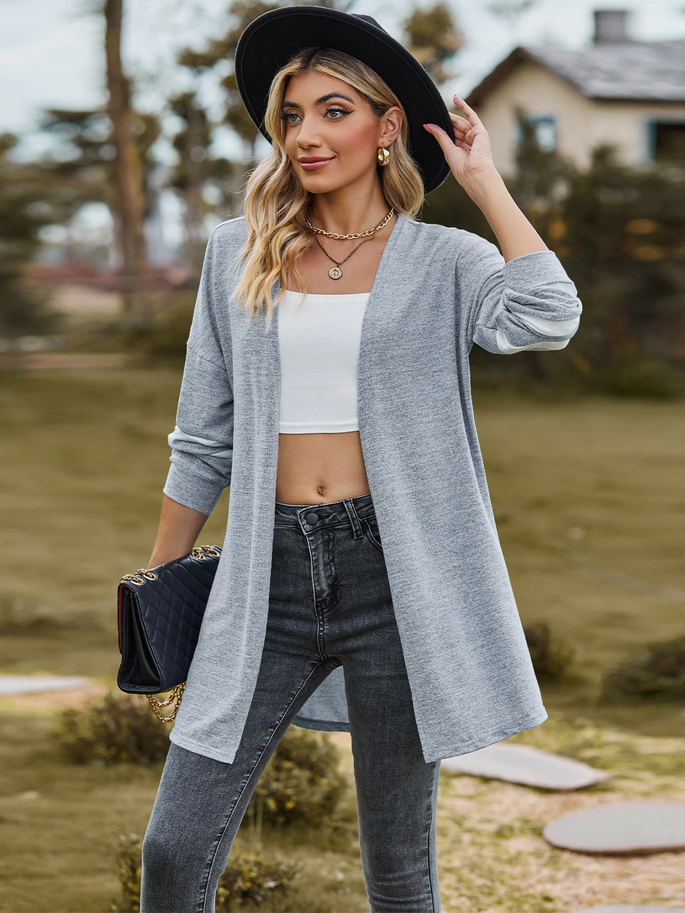 2025 Spring/Summer Collection - Boho Riche Versatile Waterfall Collar Cardigan - Color-Contrast Splicing, Regular Sleeve Knit Sw - Image 4