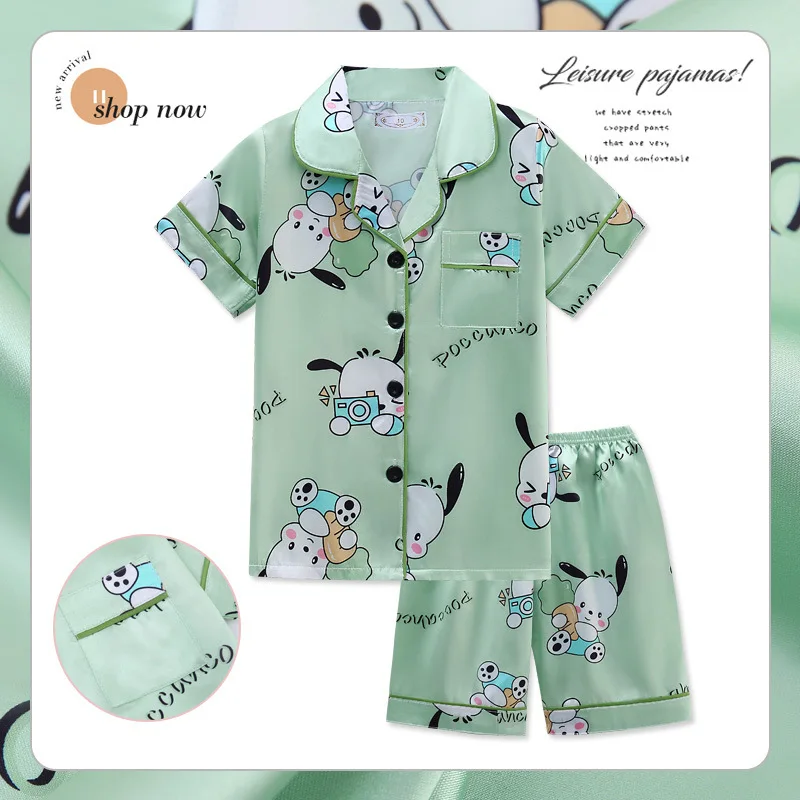 Girls Ice Silk Pajamas Set Children's Sanrio Hello Kitty Cartoon Turn-down Collar Short Sleeve Top + Shorts 2Pcs Kids Nightwear - Image 5