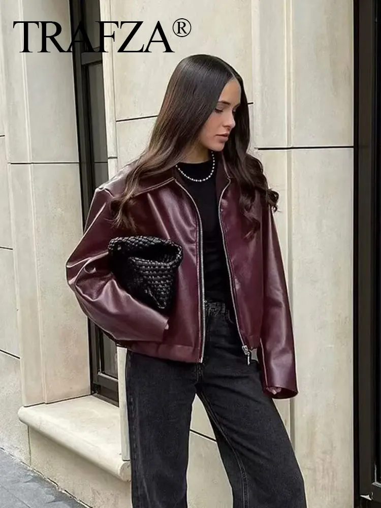 TRAFZA Wine Red Faux Leather Jakcet Fashion Outerwear Thicken Zipper Lapel Pu Coats Autumn Winter Streetwear Ladies Tops Women - Image 4
