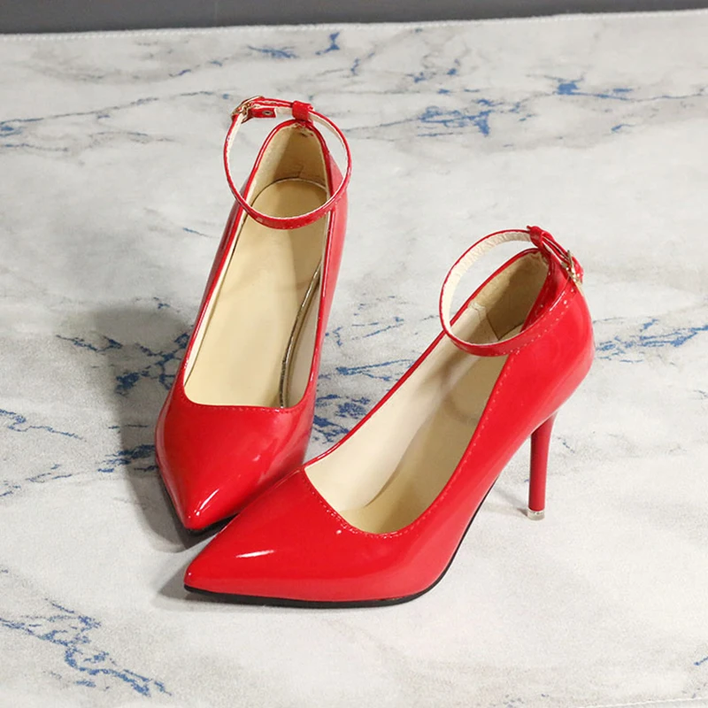 One Word Buckle High Heels 2022 Spring New Patent Leather Stiletto Heel Work Pumps Large Pointed Shallow Mouth Women's Shoes - Image 5
