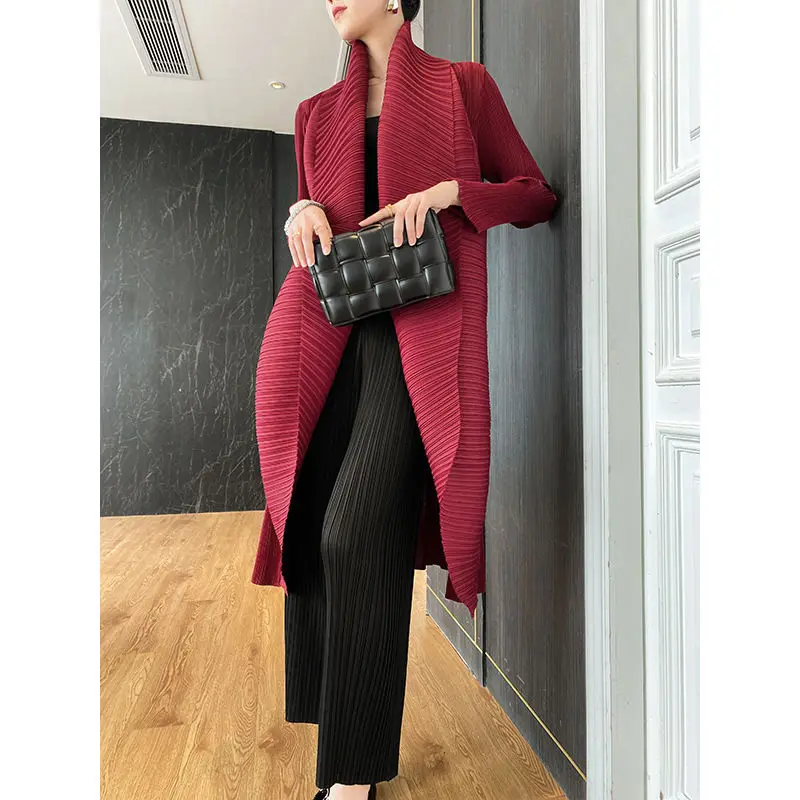 Luxury Pleated Coat New Turn Down Collar Long Sleeve Mid-length Trench Coat Oversized Windbreaker Cardigan High-end Chic Jackets - Image 2