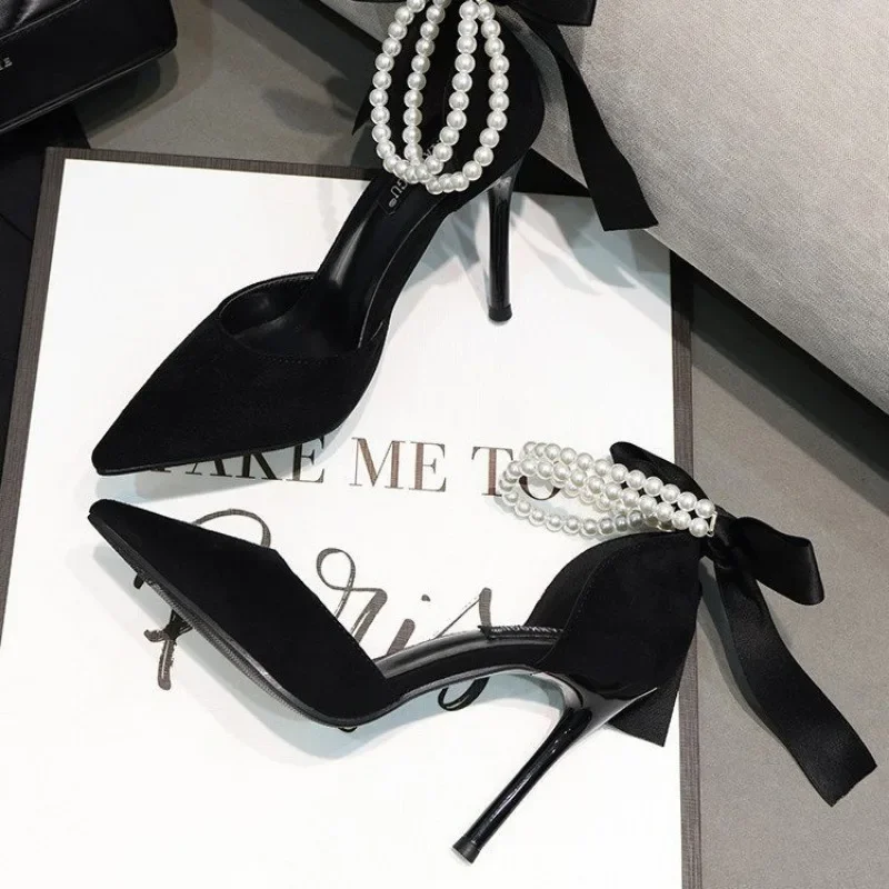 Black Women's Pumps Summer New Brand Design String Bead Pearls Wedding Bridal High Heels Sexy Pointed Toe Party Dance Shoes - Image 2