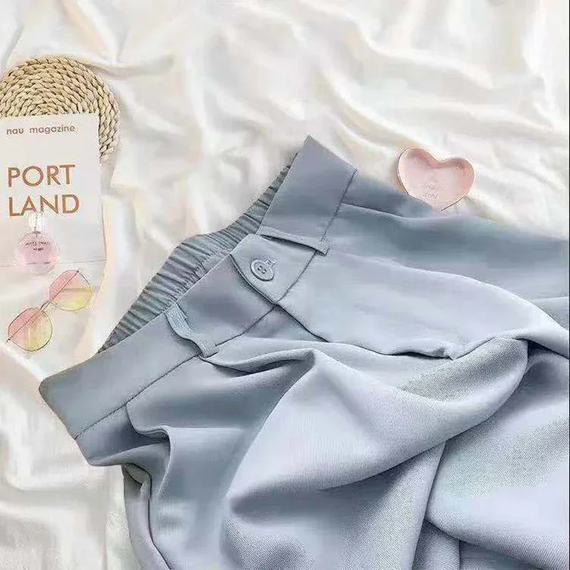 Women Fashion Suit Pant High Waist Casual Loose Straight Solid Trouser Office Lady Streetwear Button Up Elastic Nine Points Pant - Image 5