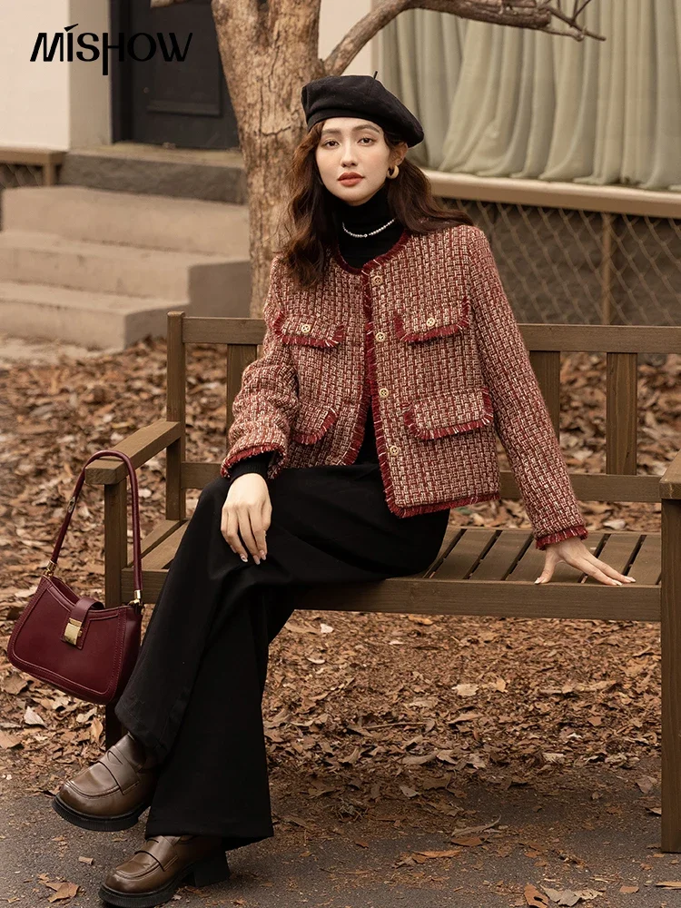 MISHOW Down Wool Coats 2025 Winter Clothes Women Chic Short Plaid Outerwear Temperament Warm Female O Neck Jackets MXB48W0888 - Image 4