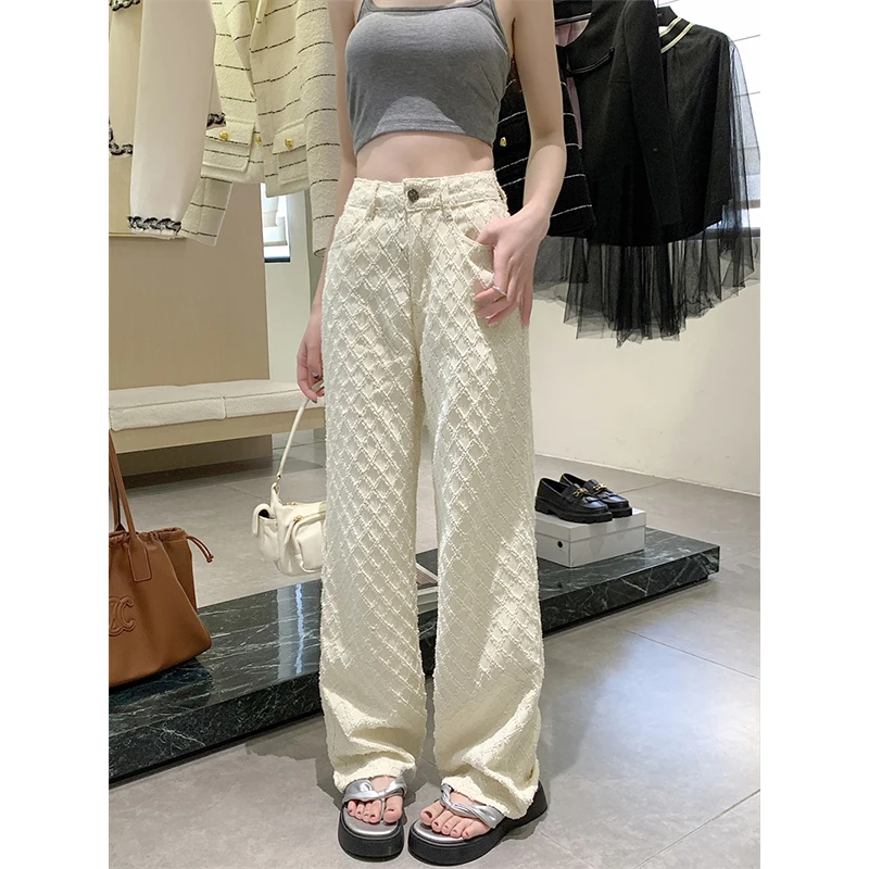 White High Waisted Diamond Checkered Floral Jeans for Women 2024 Spring New Jacquard Design Wide Leg Pants - Image 3